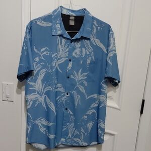 Quiksilver Blue and White Casual Button Down Shirt with Tropical Print